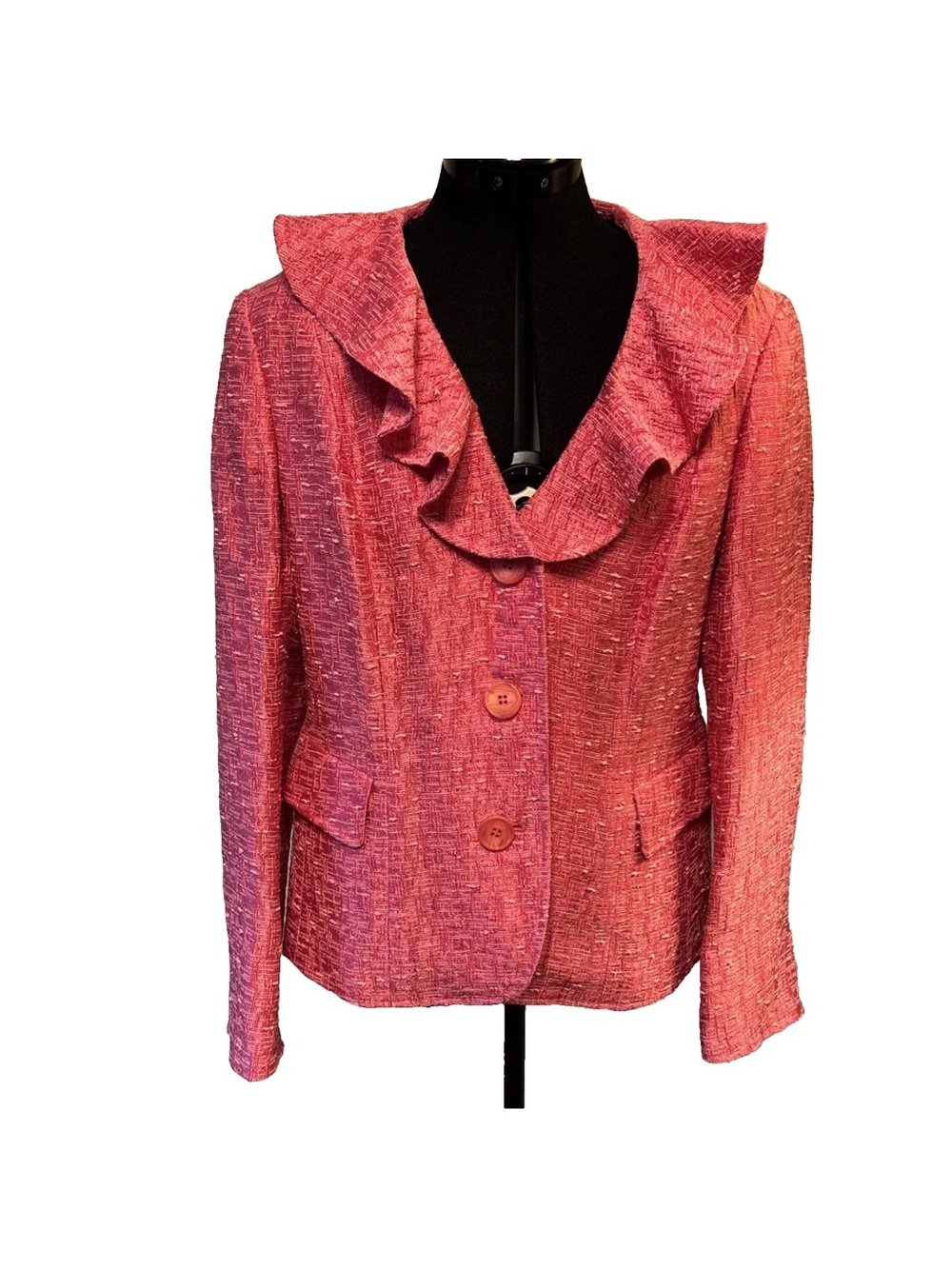 Lafayette 148 New York Pink Ruffle Blazer Jacket Size 12 Textured Tweed 3 Button
